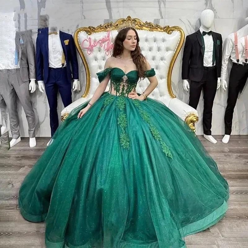 

Блестящие Зеленые платья принцессы для Quinceanera, платья 15 лет, аппликация, бисером, длина до пола, день рождения, женское бальное платье, корсет