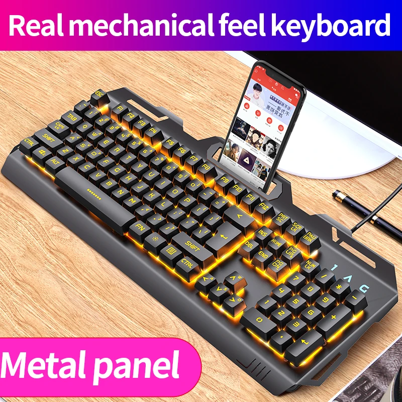 

V2 Wired Gaming Keyboard Mechanical Feel RGB Backlit 104 Keys Game Keyboards Waterproof Computer Peripheral with Phone Holder