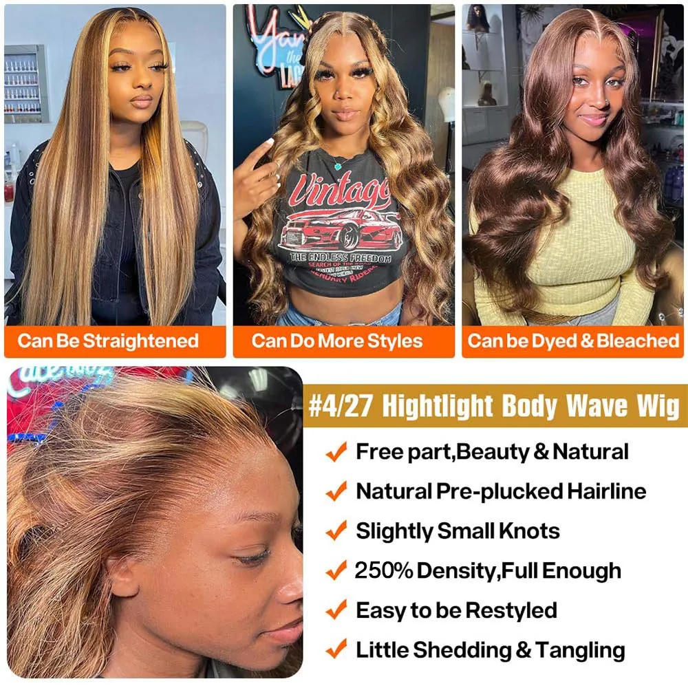 34 Inch Honey Blonde Ombre 13x4 Lace Front Wigs Human Hair Pre Plucked with Baby Hair 250% Density 4/27 Highlight Colored 5
