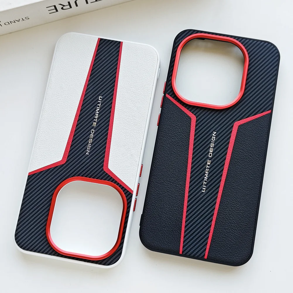 Red Spliced Carbon Fiber Leather Phone Case with Lens Protection