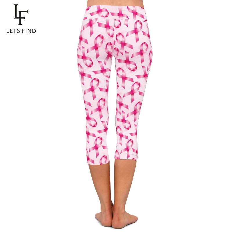 LETSFIND High Quaility Soft Milk Silk Pink Ribbon Print Women Fitness Capri Leggings High Waist  Stretch Leggings