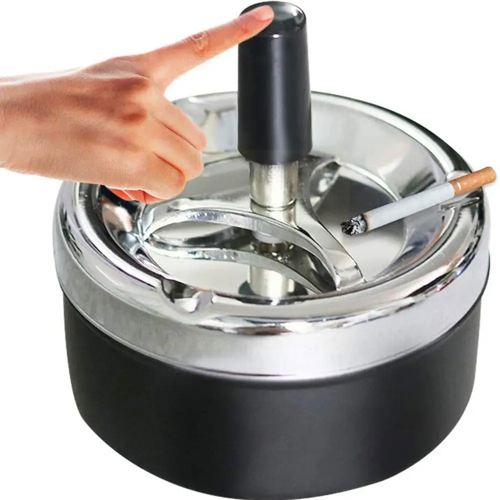 Metal Round Cigarette Ashtray Push Down Rotating Smoking Outdoor Cleaning Automatic Tray With Portable Accessories