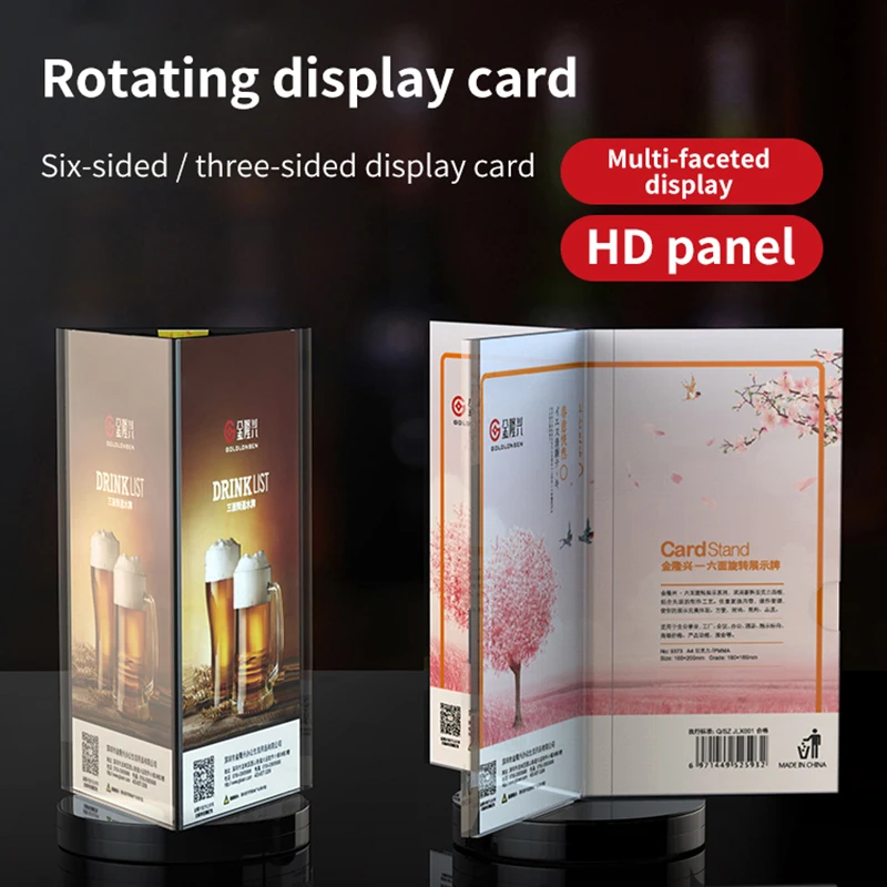 360 Degree Rotating Restaurant Menu Sign Holder Display Stand Three Side Coutertop Acrylic Table Number Poster Picture Frame