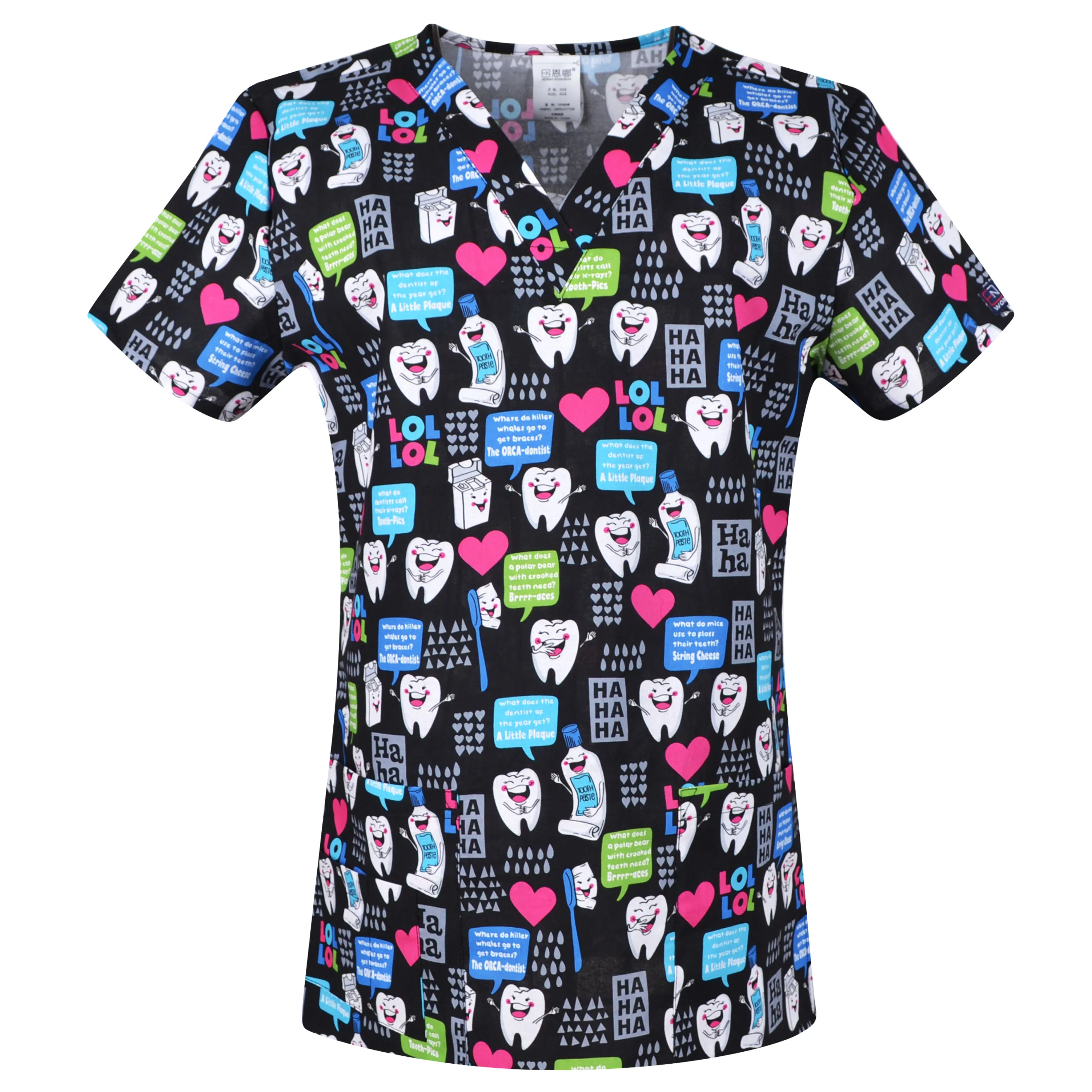 

Hennar Print Dentist Scrub Uniform For Women In 100% Cotton 4 pockets,XXS-5XL Tooth Print Medical Scrub Tops