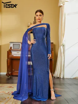 Yessexy 시크한 우아한 여성 드레스, 원 숄더, 긴 소매 드레이프, 스플릿 블루, 무도회 파티 드레스