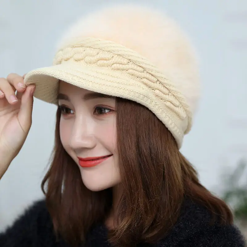 Hat Women's Winter Korean Rabbit Hair Hat New Winter Duck Tongue Hat Thickened Warm Knitted Hat 5
