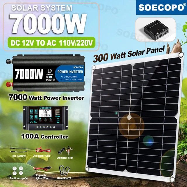 Kit d'énergie solaire 7000 W avec contrôleur 100 A et panneau 300 W, onduleur hors réseau 12 V à 110 V/220 V pour maison/Camping/RV/coulement d'urgence 1