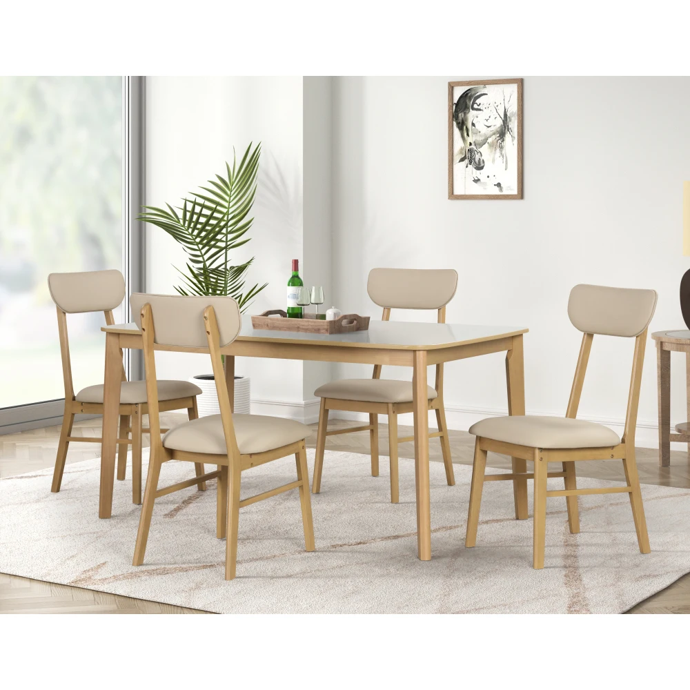 6-piece Dining Table Set, One Table One Bench and Four Chairs, High Gloss White Tabletop With Light Oak Color 5