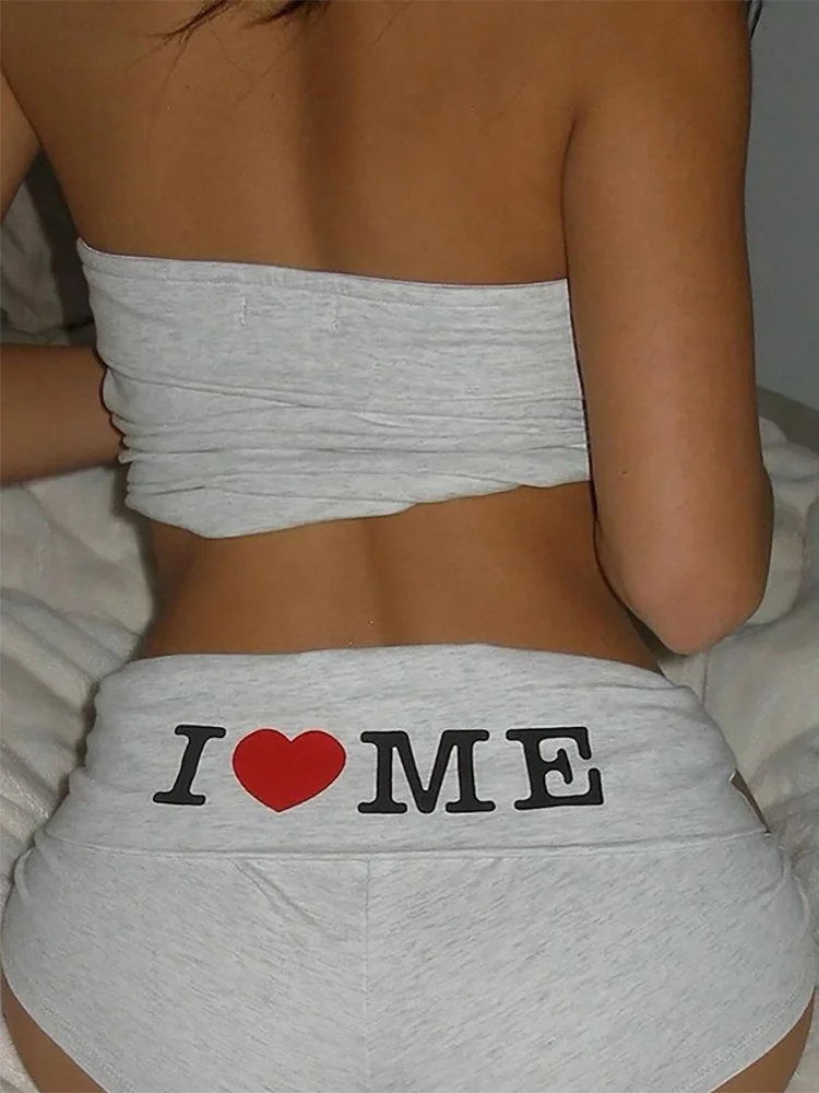 Absobe Contrast I LOVE ME Printed Fold Over Shorts Women Low Rise American Casual Slim Short Pants Hottie Y2K Streetwear New