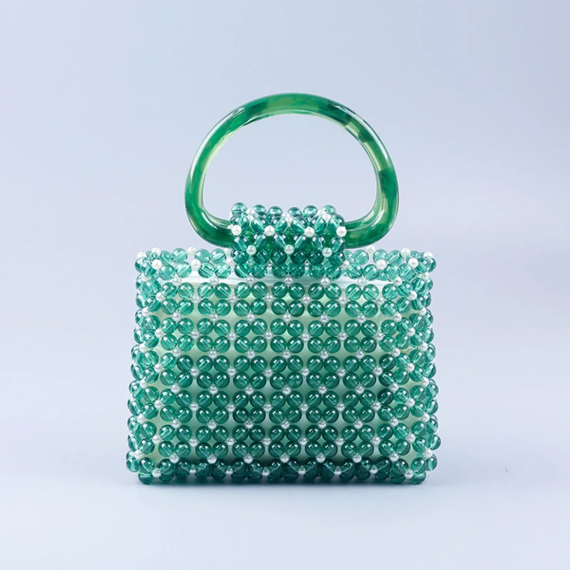 

Vintage Green Hollow Square Handbags Acrylic Handmade Beaded Woven Ladies Handbag 2023 Double Loop Vintage Beach Bags