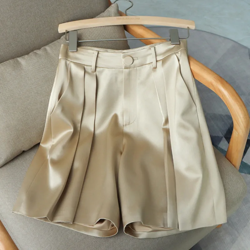 

Casual Suit Shorts for Women 2023 Summer Loose Satin Short Pants Solid Female Wide Leg A-line High Waist Shorts