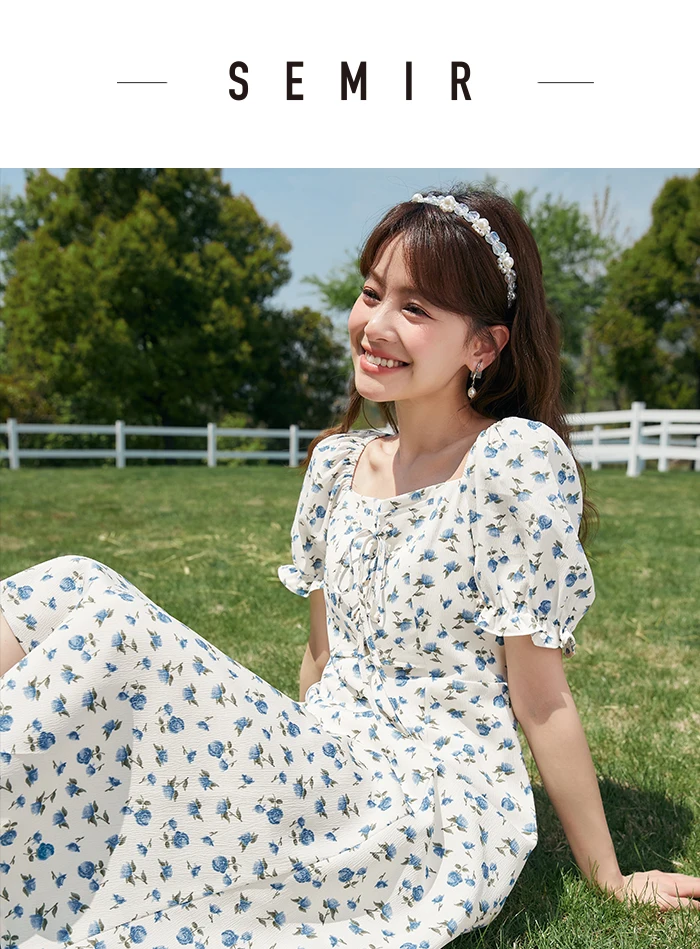 Dress Women Texture Chiffon Floral Romantic Temperament Square Neck Tea Break Dress