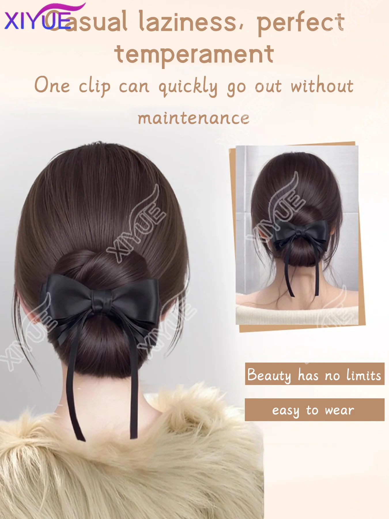 XIYUE Synthetic Maruko Head Wig Grip Clip Female Natural Simulation Bow Flower Bud Curl Hair Fluffy Synthetic Wig Package
