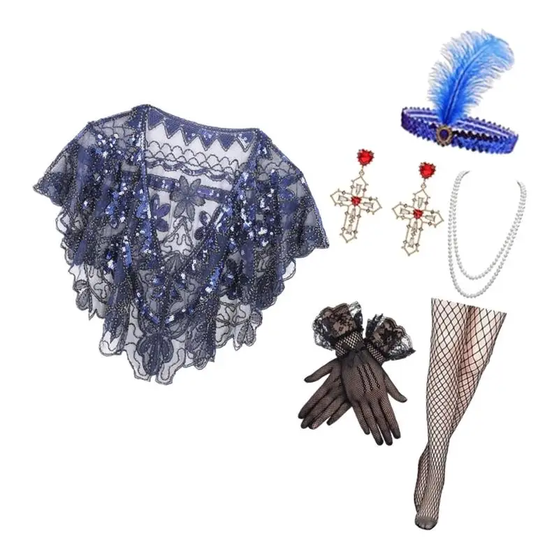 39BD Vintage-Kostümset für Damen Stil der 1920er-Jahre, glitzernde Perlenkette, Schultertuch und elegante Accessoires für – Detail 8