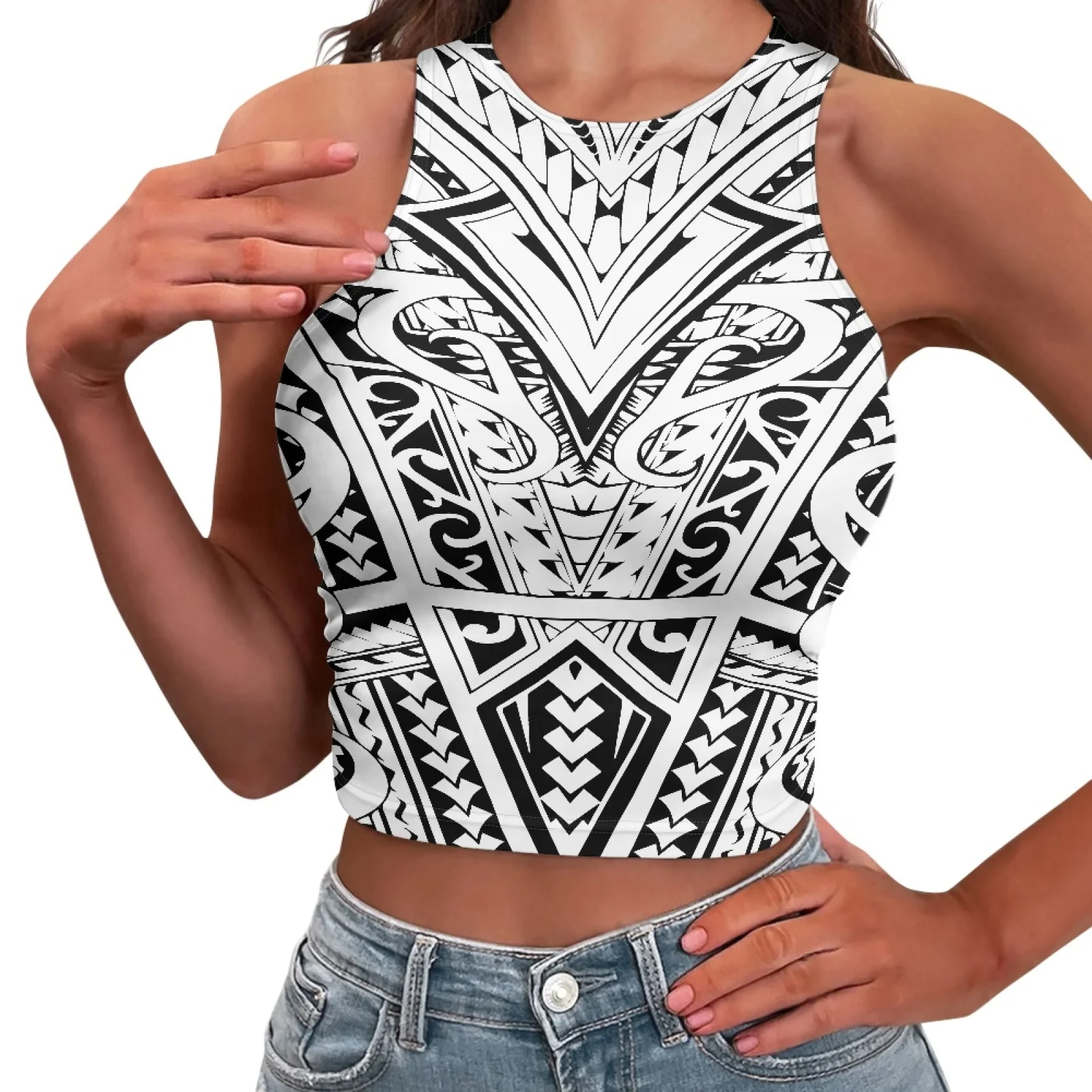 

Polynesian Tribal Hawaiian Totem Tattoo Hawaii Prints Summer Woman O-Neck Expose Belly Button Knitted Vest Sleeveless Vintage