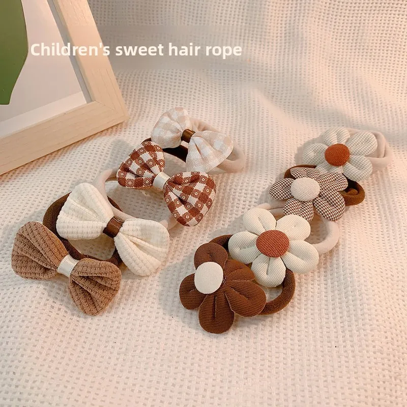 Children's Adorably Cute Latte-Coloured Floral Bow Hair Ties Highly Elastic Hair Bands for Children Headwear Accessories