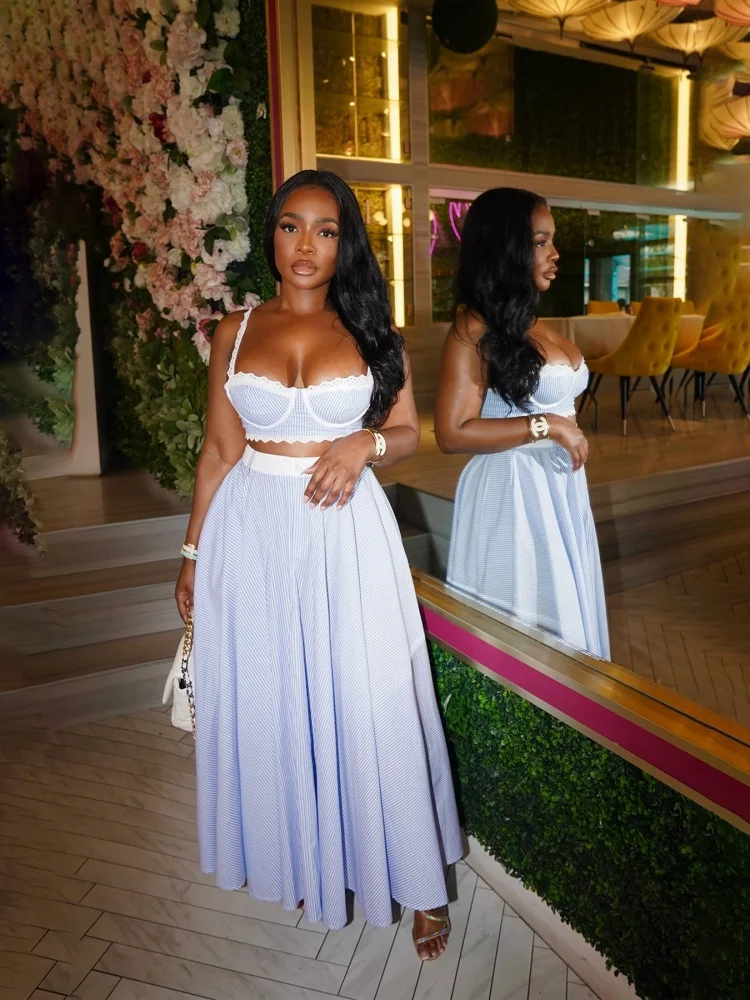 Wmstar 2025 New Summer Woman Light Blue Fashionable Lace Stitched Halter Top High Waist Skirt Stripes Long Dress Two Piece Sets