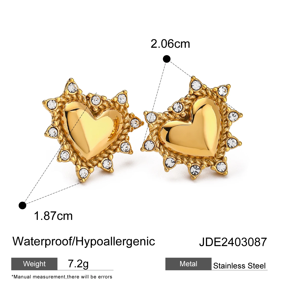 Youthway Cubic Zirconia Diamonds Stainless Steel Heart Stud Earrings for Women Gold Color Romantic Trendy Jewelry Gala Gift New