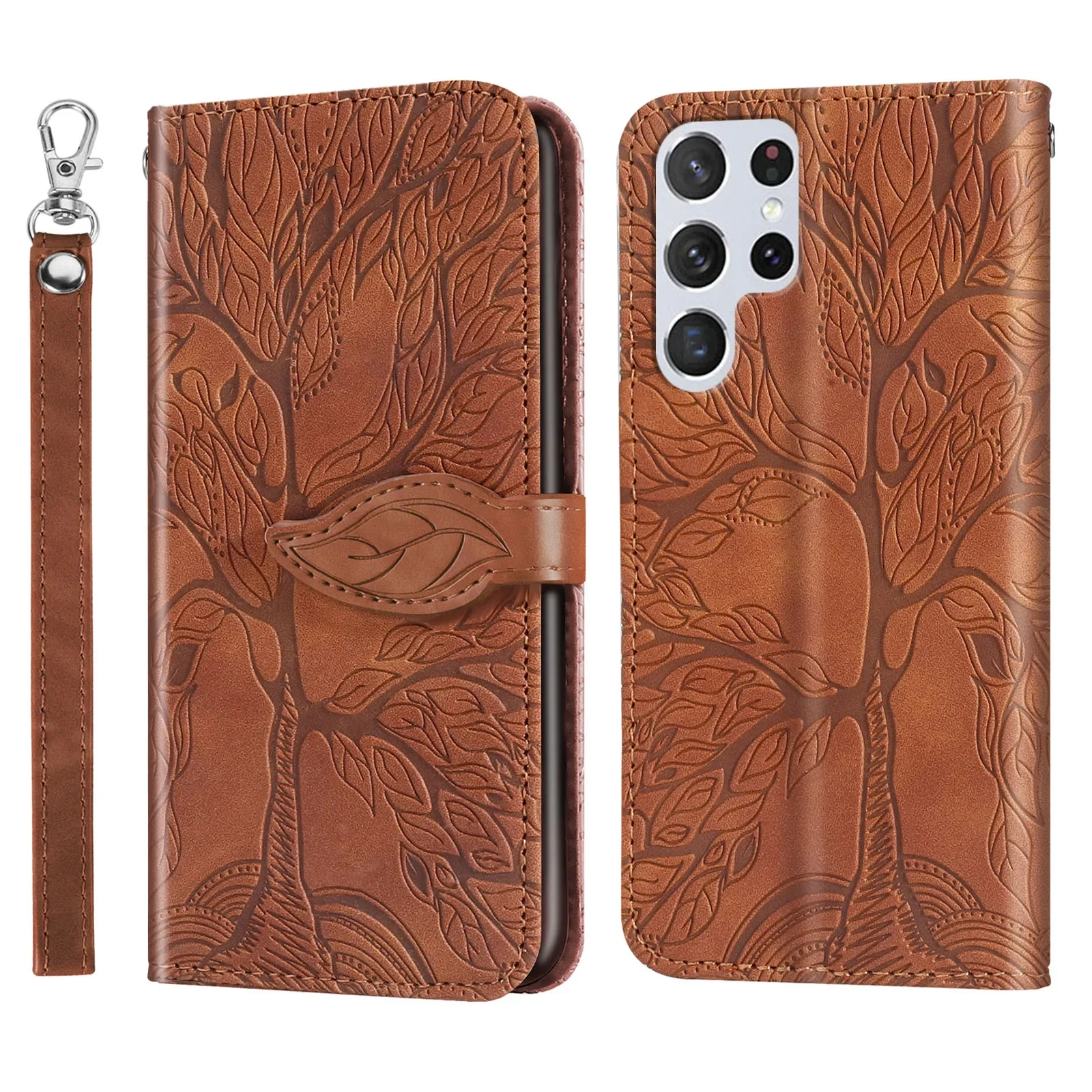 Embossed Tree Leather Phone Wallet Case Book Flip Cover