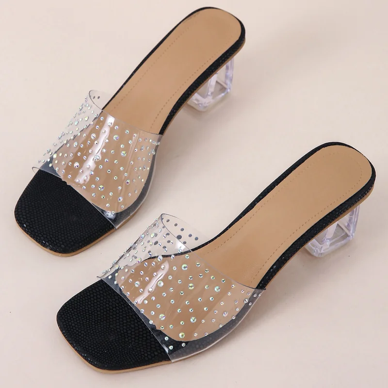 Fashion PVC Transparent Rhinestone Slippers Women Sexy High Heels Square Toe Ladies Shoes Shallow Sandals Slippers Women
