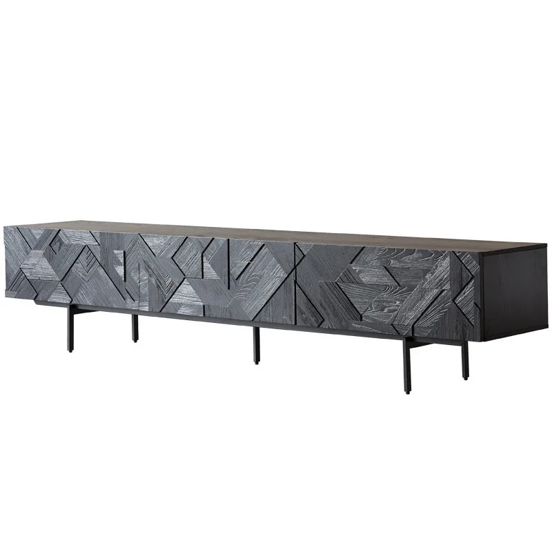 TV Cabinet Antique Industrial Style Creative Carving Wabi-sabi Style Geometric Design Solid Wood Retro Audio-visual Cabinet