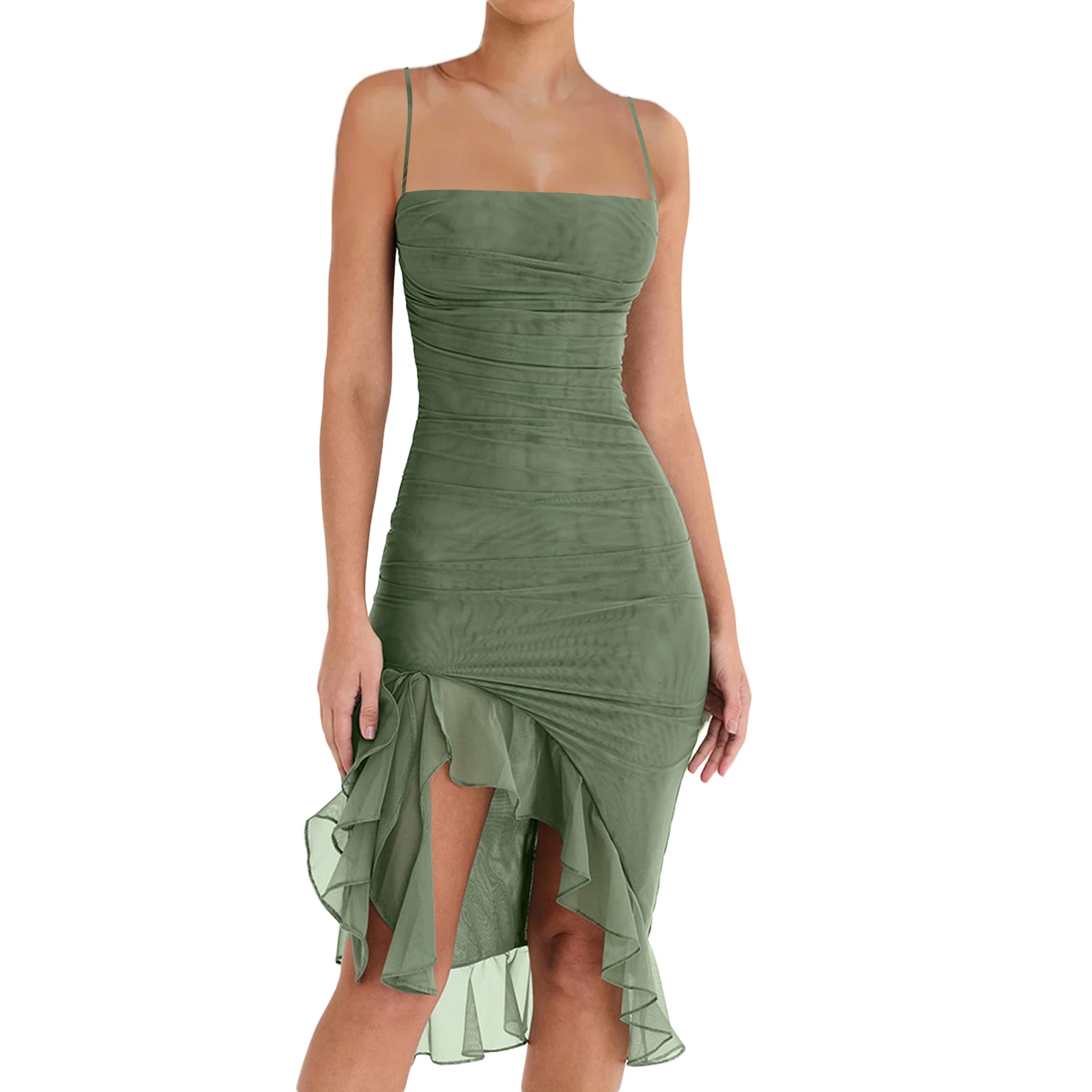 

HEZIOWYUN Women Elegant Sexy Sleeveless Bodycon Dress Solid Color Backless Irregular Mesh Ruffled Hem Party Sundress Vestido
