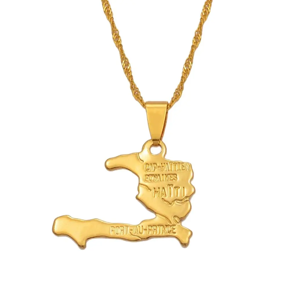 Anniyo Haiti Map Necklace Pendants for Women Girls,Gold Color Ayiti Jewelry Map of Haiti #003910