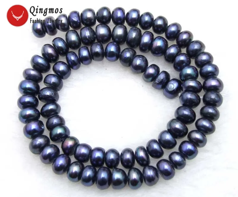 Qingmos 7-8mm Flat Round Natural Freshwater Black Pearl Loose Beads for Jewelry Making DIY Necklace Bracelet Loose Strands 14