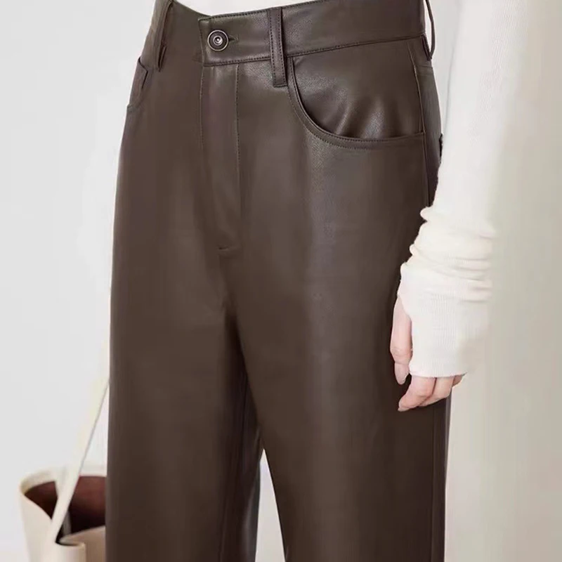 100% Leather Pants Women Autumn Winter Fashion Sheepskin High Waist  Slim French Baguette Pants Casual Straight Cropped Trousers 5