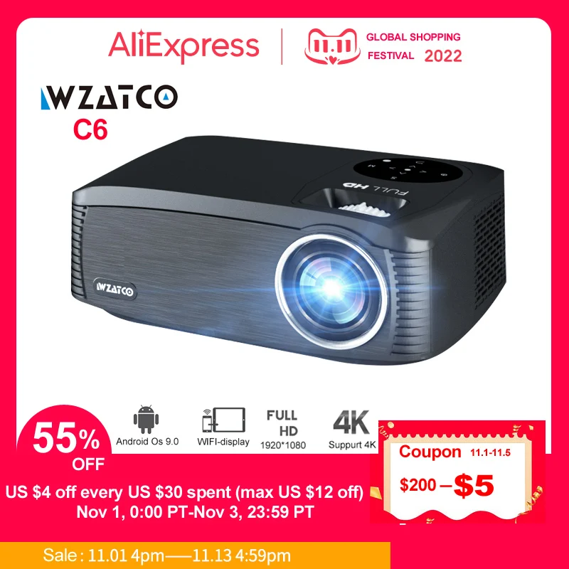 

New WZATCO New C6 300inch Android 9.0 WIFI Full HD 1920*1080P LED Projector Video Proyector Home Theater Cinema Smart Phone