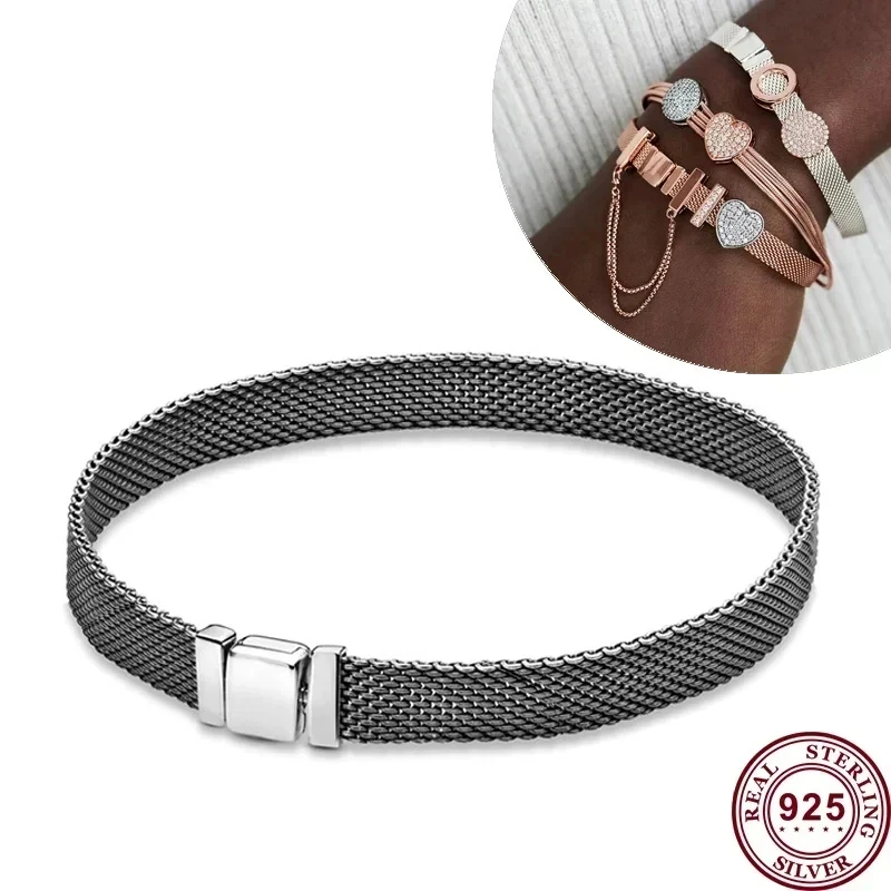 New Hot Selling S925 Silver Reflective Series Woven Mesh Original Women's Logo Multi Loop Watch Bracelet DIY Charming Jewelry