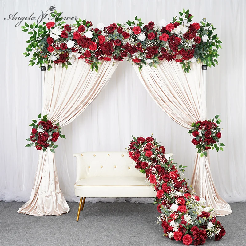 Burgundry Rose White Baby Breath Greenery Wedding Arch Red Floral Arrangement Event Table Runner Curtain Decor Flower Party Prop