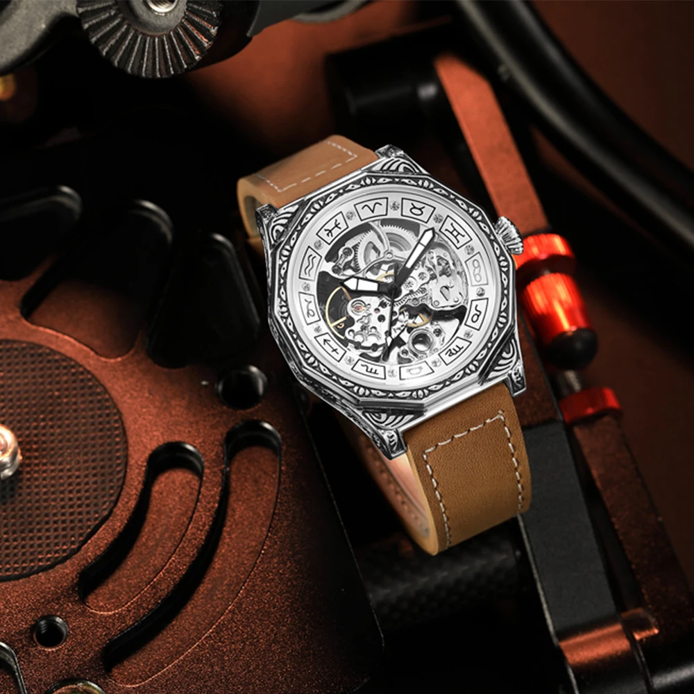 relojes para hombre Skeleton Waterproof watches for men Automatic Mechanical men's wrist watch steampunk with genuine leather