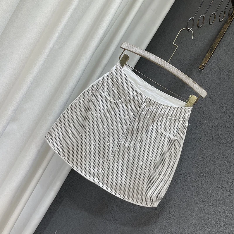 Personality Diamond Splice A-line Denim Skirt for Women's Streetwear High Waist Solid Color Slim Wrap Hip Skirts Female Summer