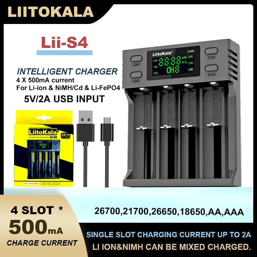 

Liitokala Lii-S4 18650 Battery Charger 3.2V 3.7V 21700 26650 25500 20700 14500 16340 1.2V AA AAA