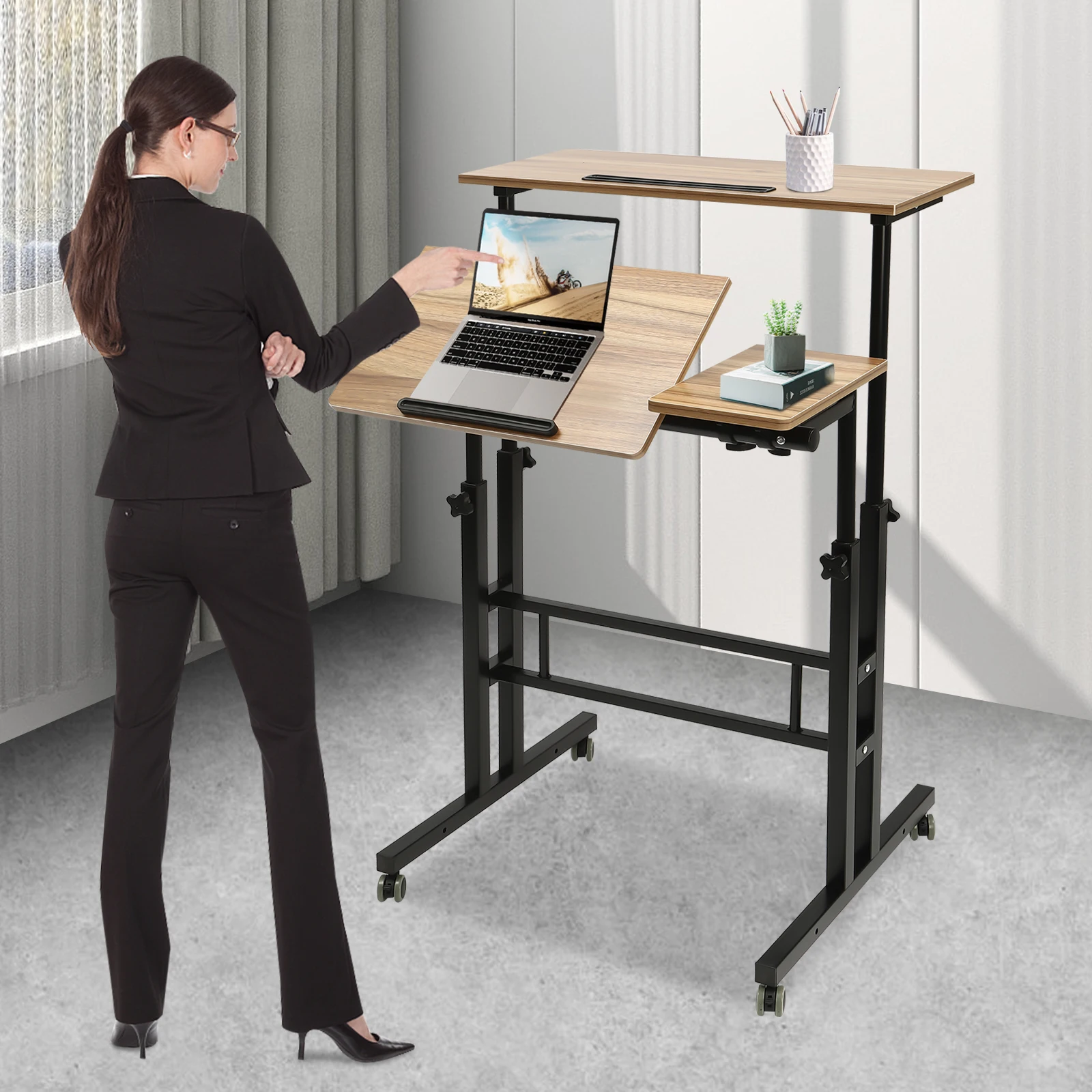 

Mobile Stand Up Desk Height Adjustable with Standing & Seating 2 Modes Tilting Tabletop Flexible Wheels Rolling Laptop Cart