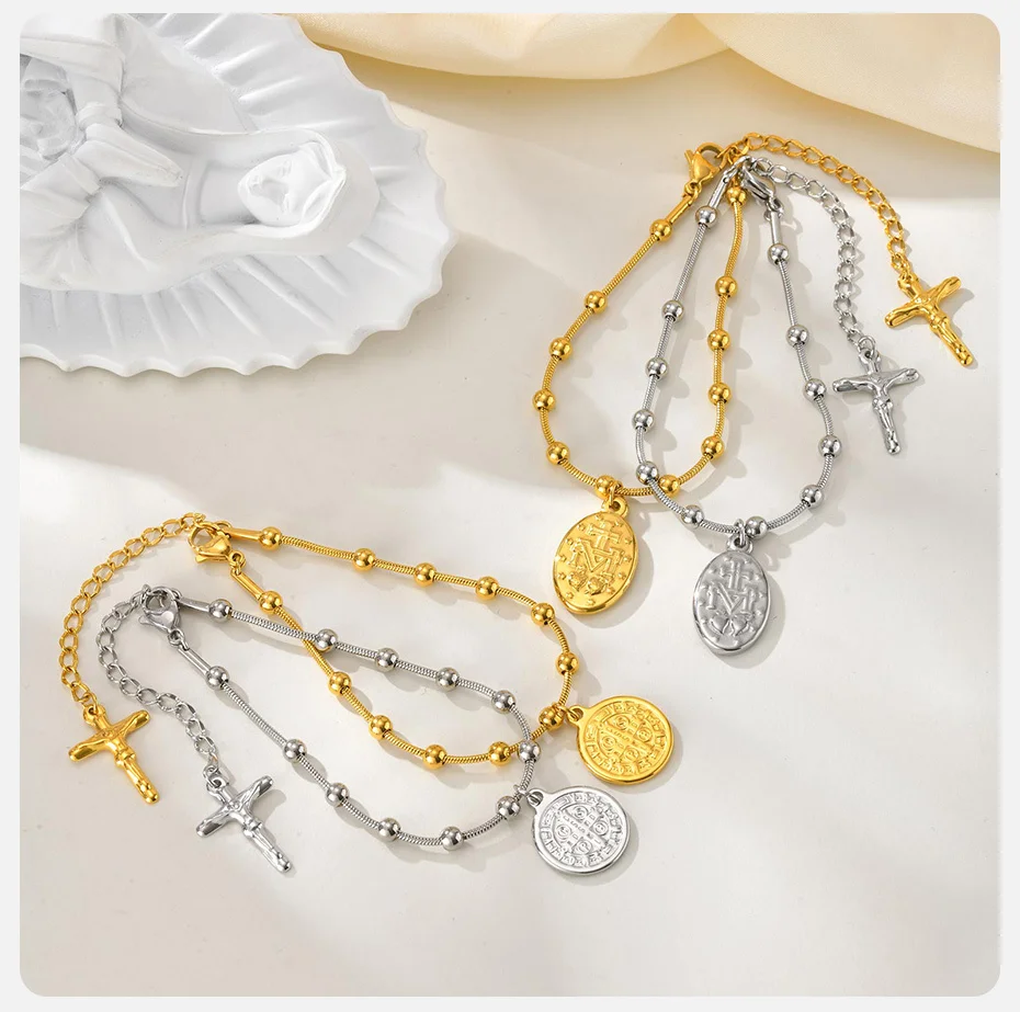 Vnox Edelstahl-Rosenkranz-Armbänder für Damen, Heiliger Benedikt, Jungfrau Maria, Jesus-Kreuz, Gebetsarmband, trendiger Religionsschmuck – Detail 5