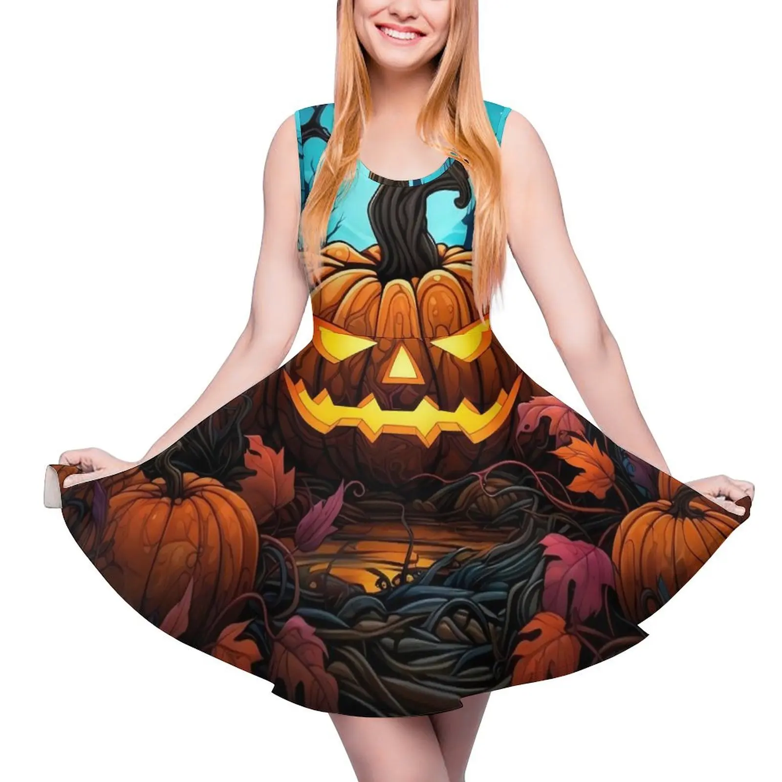 

Halloween Pumpkins Dress The Great Pumpkin Night Club Dresses Sleeveless Street Fashion Skate Dress Female Printed Vestido Gift