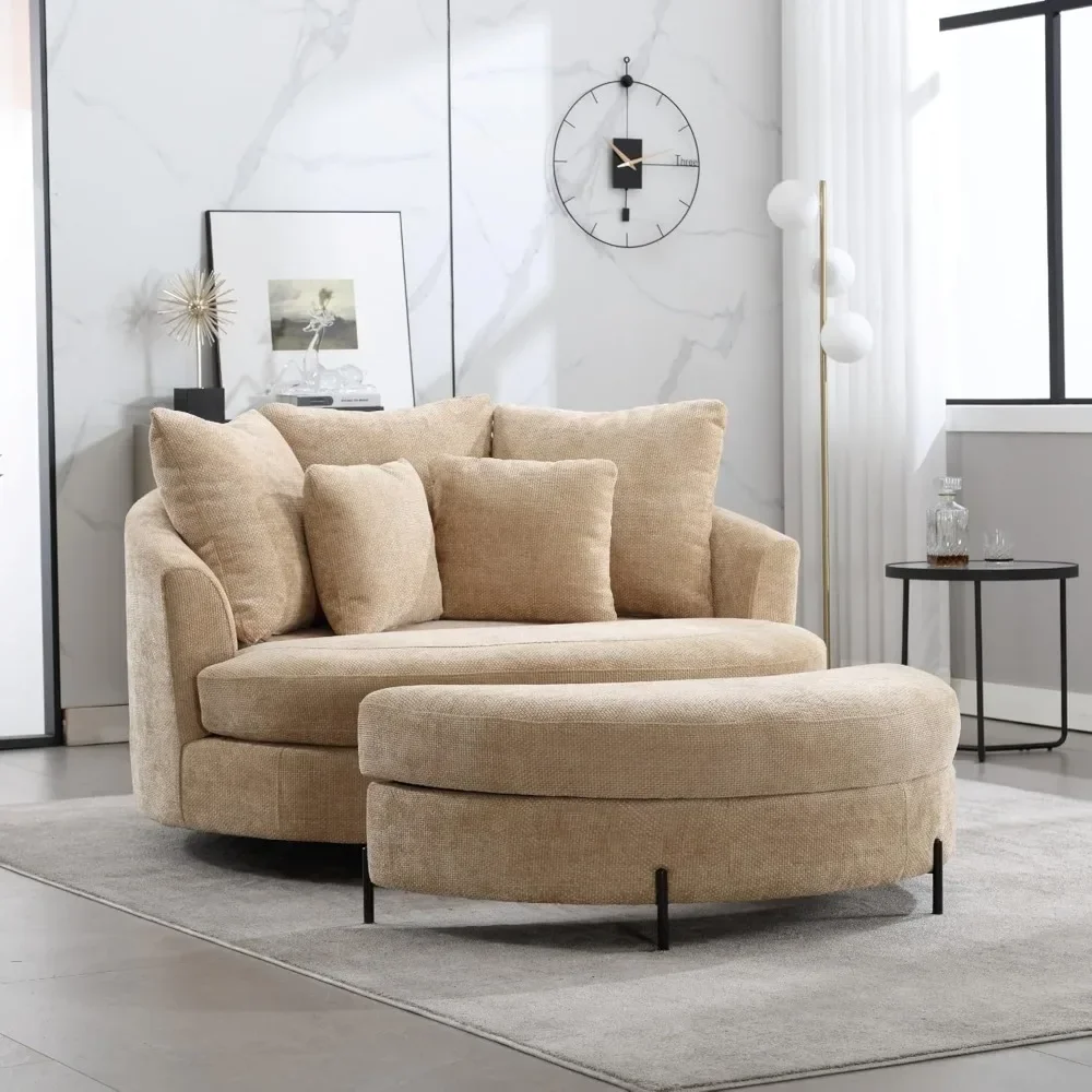 59.8" W Living Room Chair with Ottoman, Wheels, Knitted Chenille, Round Barrel Chairs Set, Extra Large Living Room Chair Set