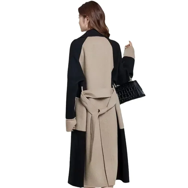 Vintage Long Coat Women Long Sleeve Turn-down Collar Panelled Female Midi Jacket 2023 Autumn Winter Lace UP Loose Lady Outcoat