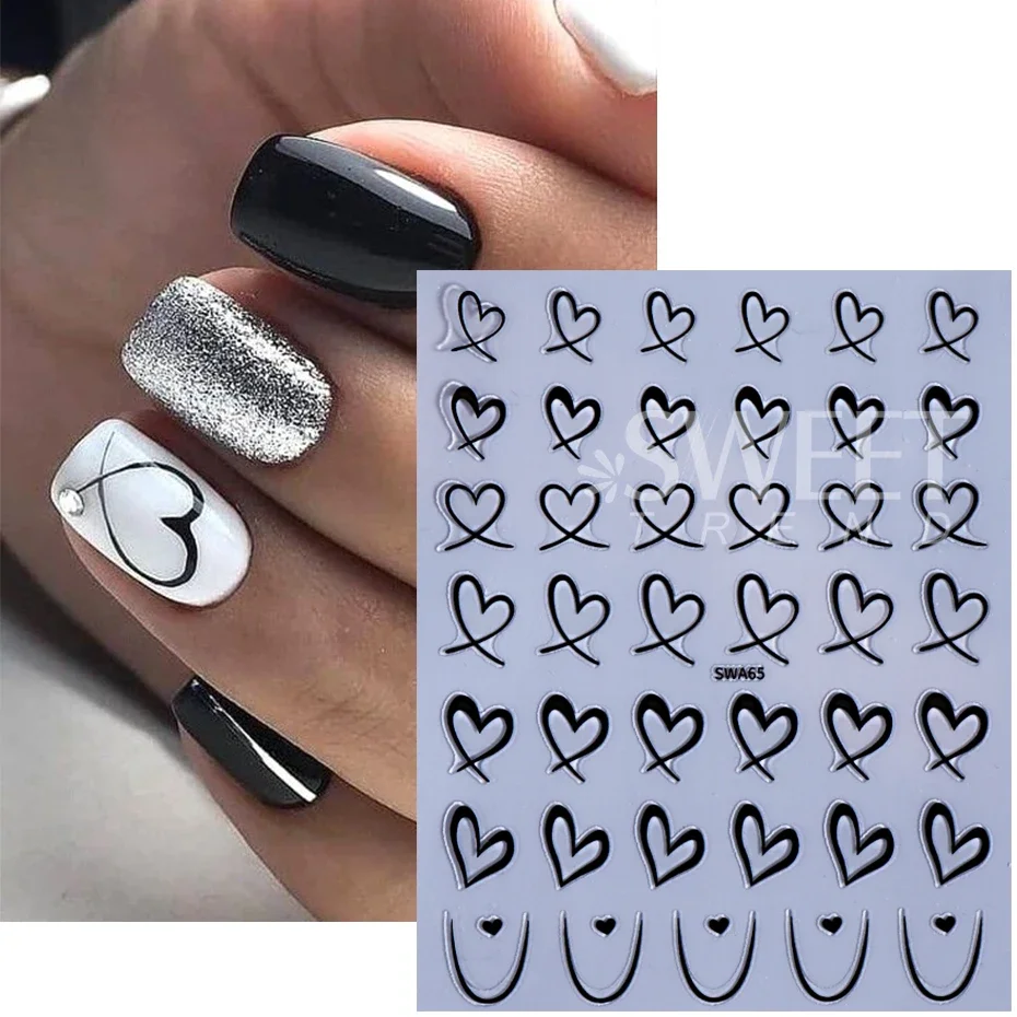 9pcs Valentine's Day Nail Art Stickers 3D Black White Pink Lines Love Heart Nail Decals DIY Adhesive Slider Manicure Decoration