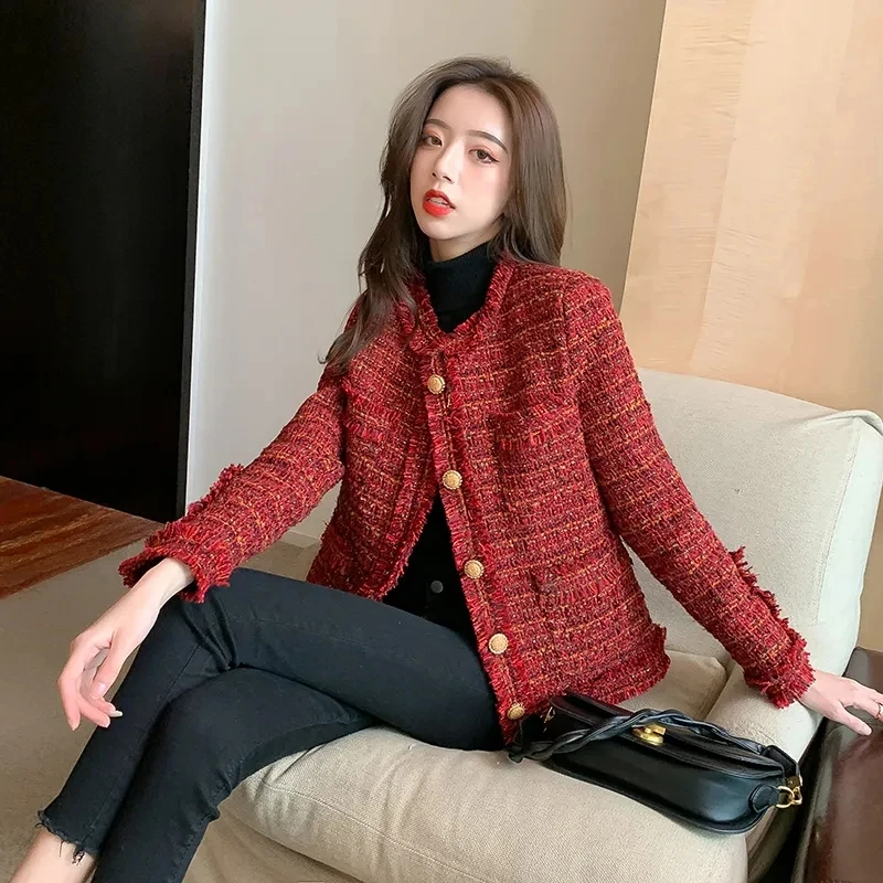 Christmas Red Elegant Plaid Tweed Jacket Women Korean Fringes Short Coat  Fall Winter Thick Warm Luxury Dezign Chaquetas Invierno