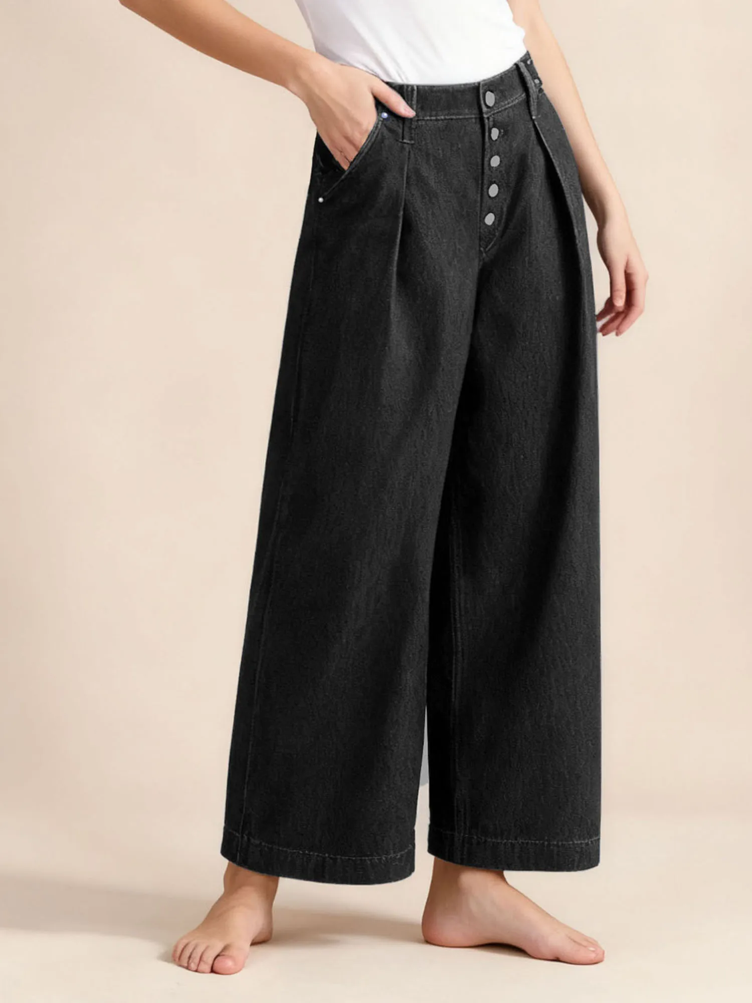 Women s Stylish Wide Leg Denim Trousers with Pockets Trendy Loose Fit Mid Rise Jeans in Solid Color for Casual Wear
