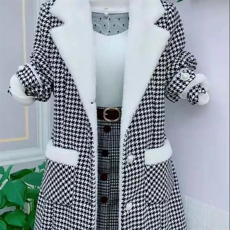 

Warm Plaid Woolen Coat Women 2024 New Autumn Winter Korean Mid-length Mink Fleece Jacket lady Slim Wool Elegant Luxury Outerwear