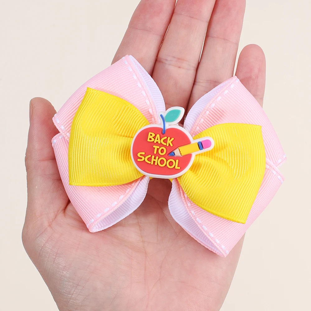 2Pcs Back To School Hair Clips Cute Sweet Pencil Apple Alphabet Bow Hairpins Ribbon Barrette For Girls Kids Headwear Accessories