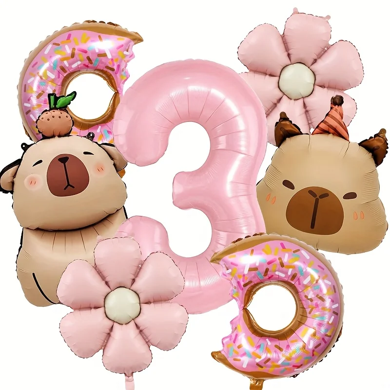 Cartoon Delfin Rosa Gänseblümchen Happy Birthday Ballon Donut Set 32 Zoll Rosa Ziffer Capybara Themen-Party Globos Zubehör – Detail 3