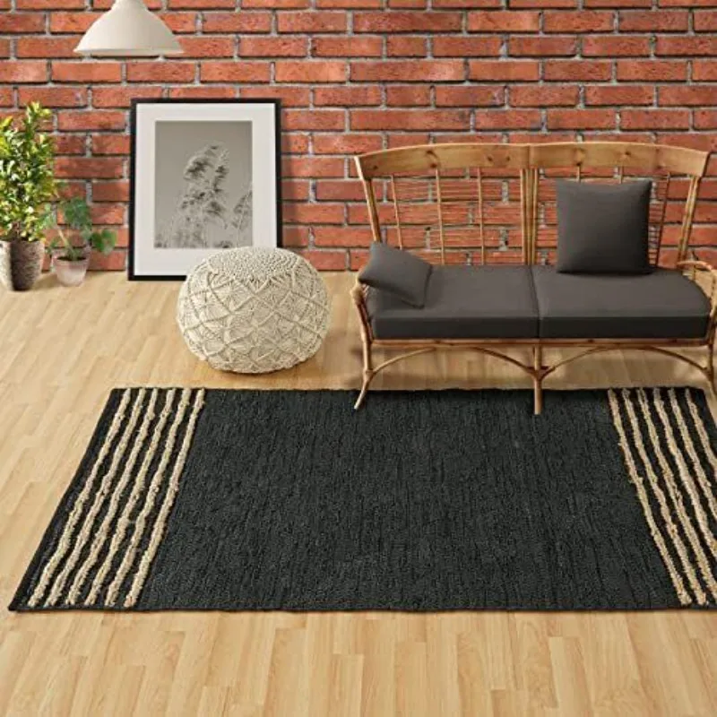 

Jute Area Rugs 2x3ft Natural Fibre Black Rectangular Leather Handwoven Carpet