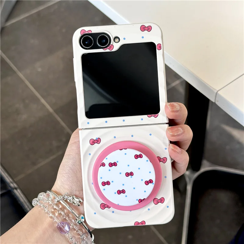 Korean Cute Bow Flower Magnetic Stand Phone Case with Chain - Kawaii Design