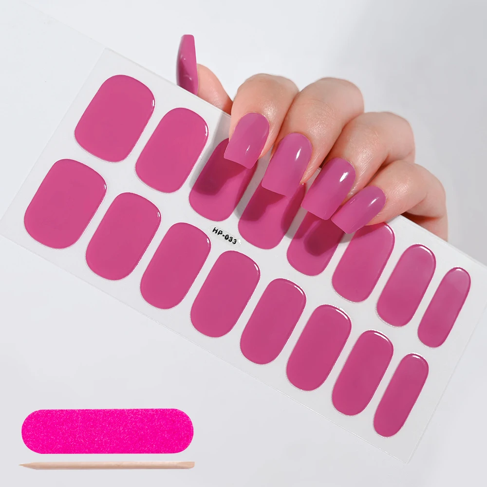 16Tips Soild Color Nude Pink Semi-Cured Gel Nail Sticker Long-Lasting UV Nail Sticker Full Cover UV/LED Extension Gel Foil nail stickers