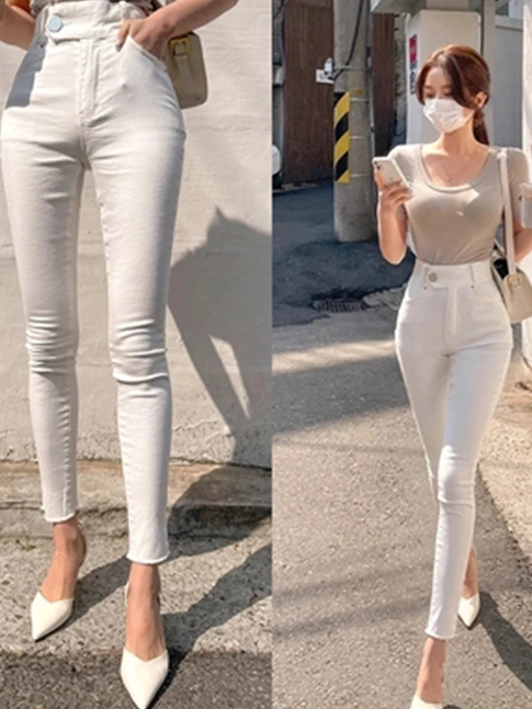 

White Skinny Jeans for Women 2023 High Waist Vintage Streetwear Denim Pencil Pants Woman Mom Korean Chic Y2k Jeans Female Sexy